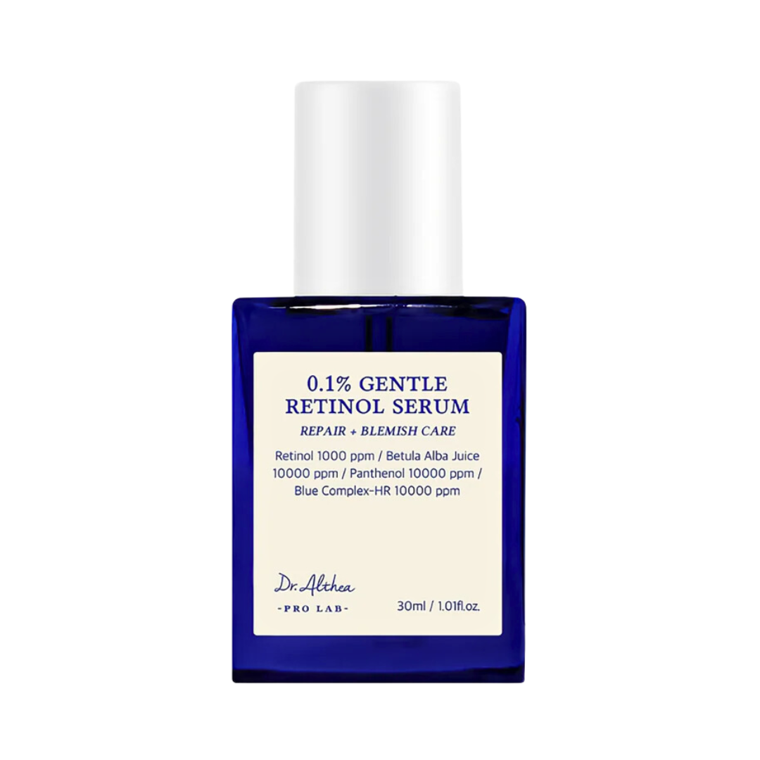 Blå flaske med hvid etiket, Dr. Althea 0.1% Gentle Retinol Serum, 30ml.