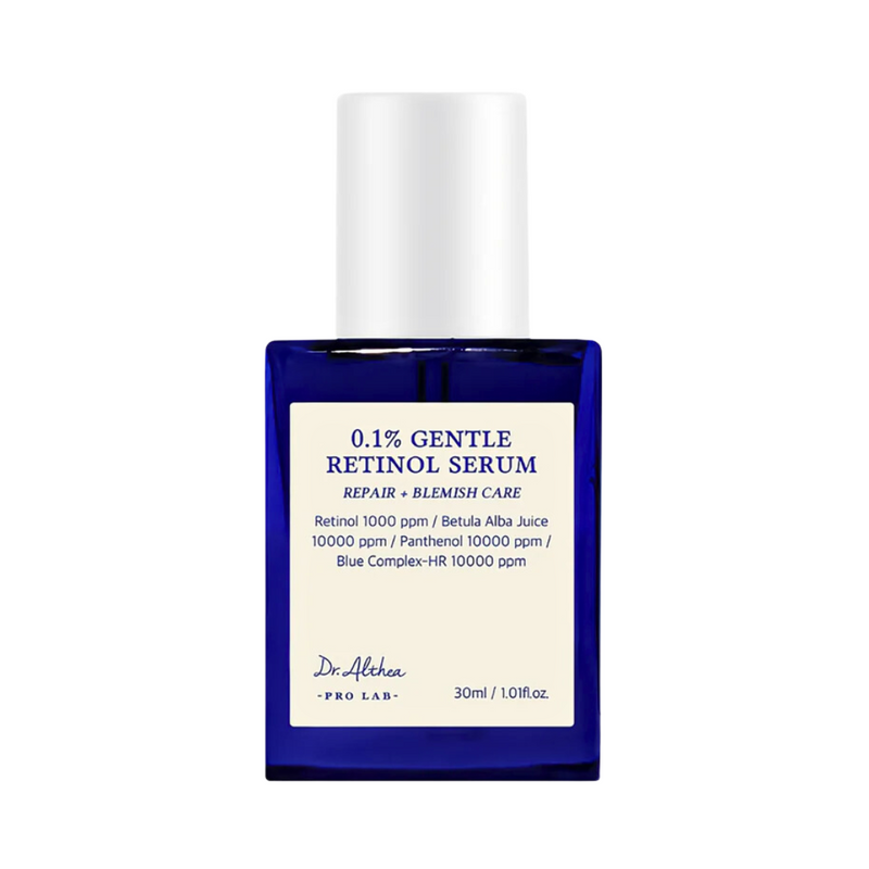 Blå flaske med hvid etiket, Dr. Althea 0.1% Gentle Retinol Serum, 30ml.
