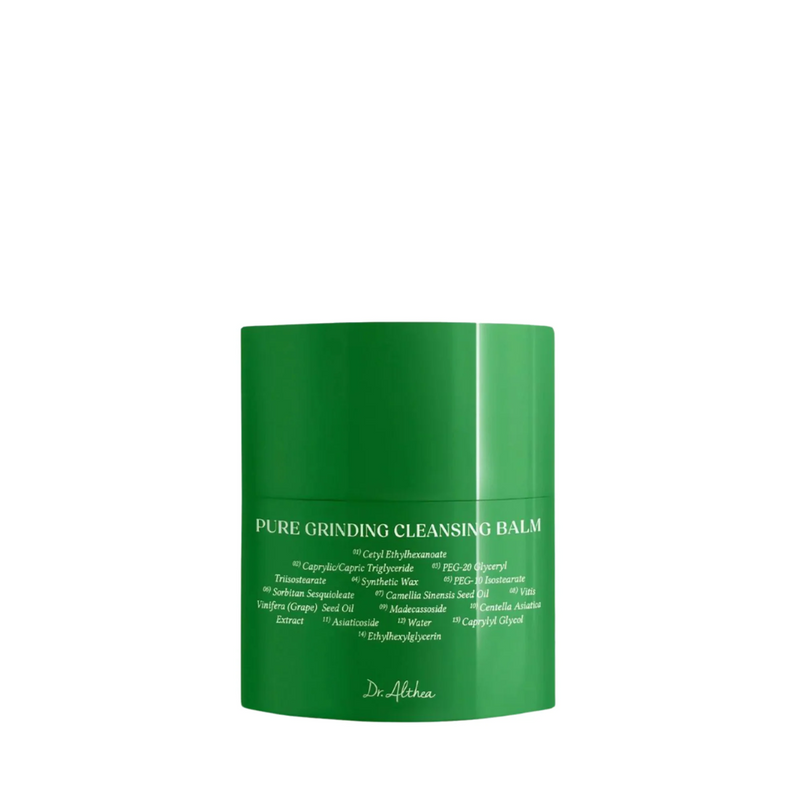 Grøn krukke med teksten "Pure Grinding Cleansing Balm" og ingrediensliste.