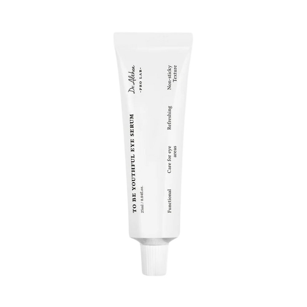 Hvid tube med sort tekst: "Dr. Althea To Be Youthful Eye Serum" og produktdetaljer.