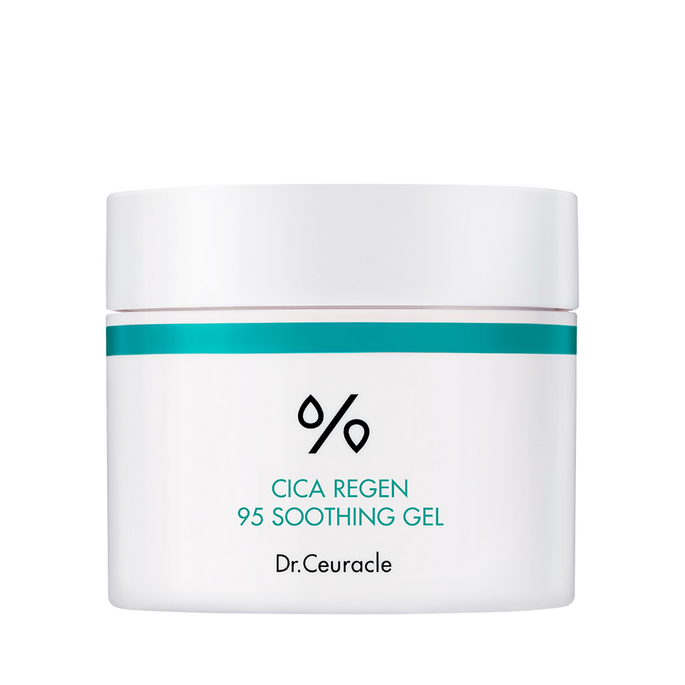 Hvid krukke med turkis bånd og teksten "CICA REGEN 95 SOOTHING GEL Dr.Ceuracle".