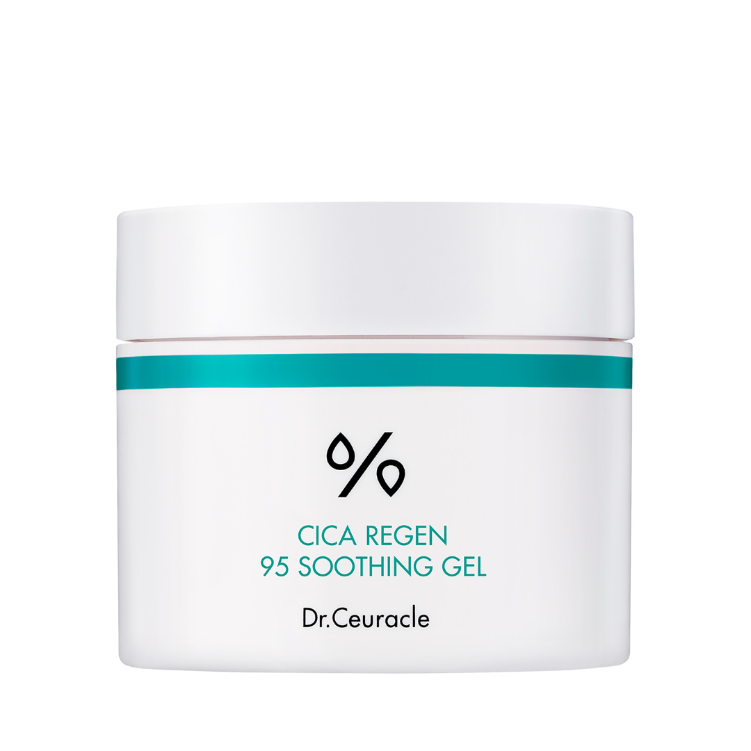 Hvid krukke med turkis bånd og teksten "CICA REGEN 95 SOOTHING GEL Dr.Ceuracle".