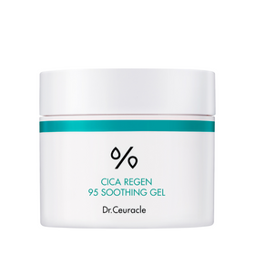 Hvid krukke med turkis bånd og teksten "CICA REGEN 95 SOOTHING GEL Dr.Ceuracle".