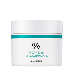 Hvid krukke med turkis bånd og teksten "CICA REGEN 95 SOOTHING GEL Dr.Ceuracle".
