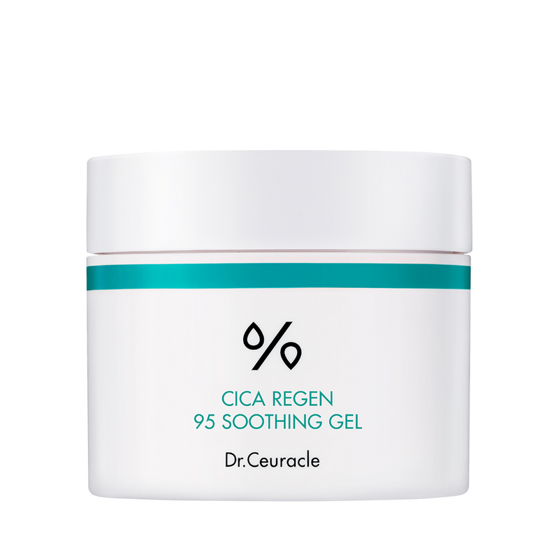 Hvid krukke med turkis bånd og teksten "CICA REGEN 95 SOOTHING GEL Dr.Ceuracle".