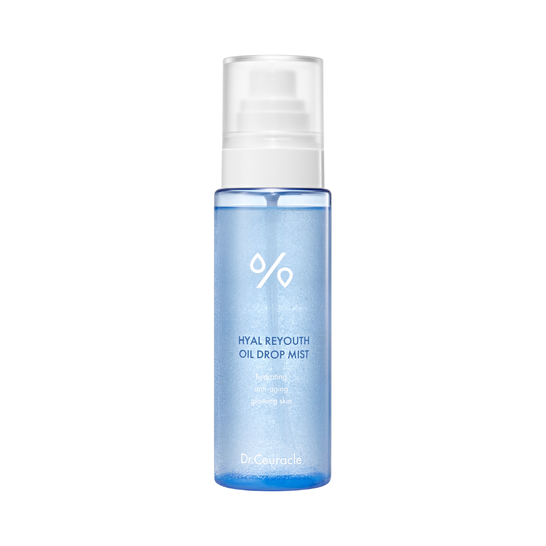 Blå sprayflaske med "Hyal Reyouth Oil Drop Mist" og "Dr. Ceuracle" på etiketten.