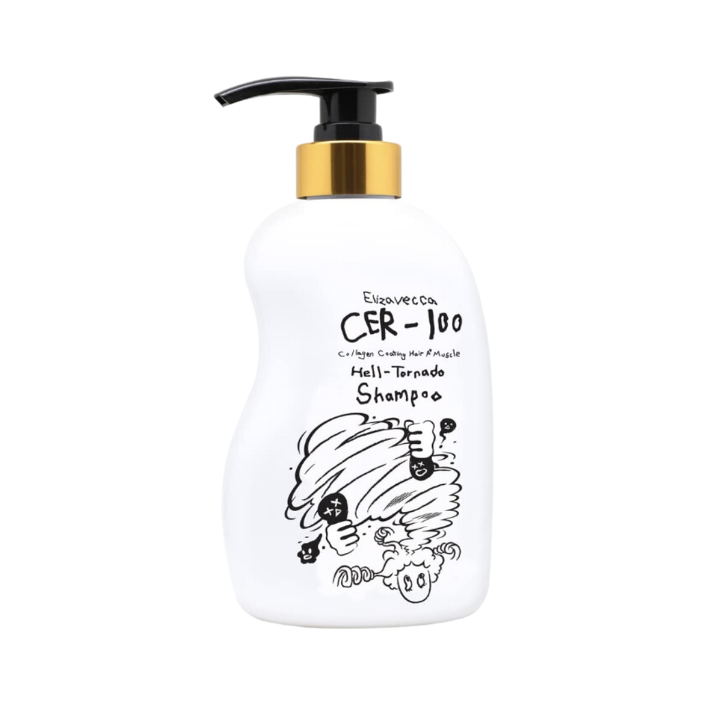 Hvid shampoo flaske med sort pumpe, sjove tegninger og teksten "Elizavecca CER-100 Hell-Tornado Shampoo".