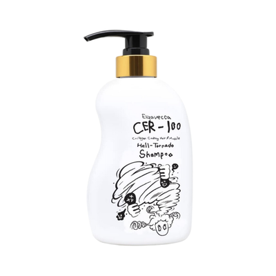 Hvid shampoo flaske med sort pumpe, sjove tegninger og teksten "Elizavecca CER-100 Hell-Tornado Shampoo".