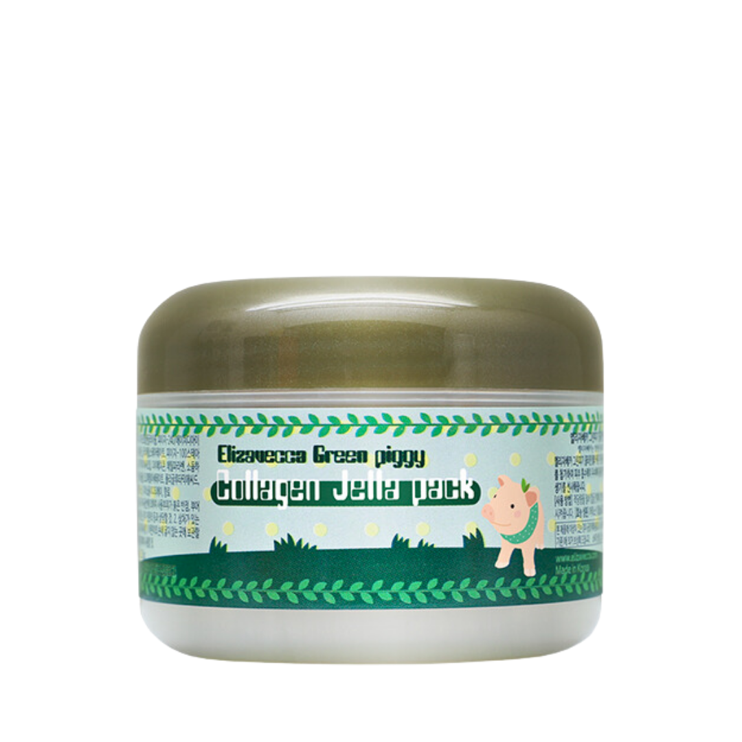 Rund krukke med grøn låg og etiket. Tegneseriegris, grønne blade, Elizavecca Collagen Jella Pack.