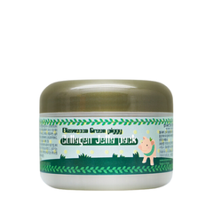 Rund krukke med grøn låg og etiket. Tegneseriegris, grønne blade, Elizavecca Collagen Jella Pack.