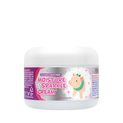 Hvid krukke med pink etiket, tekst "MOISTURE SPARKLE CREAM" og tegning af gris.
