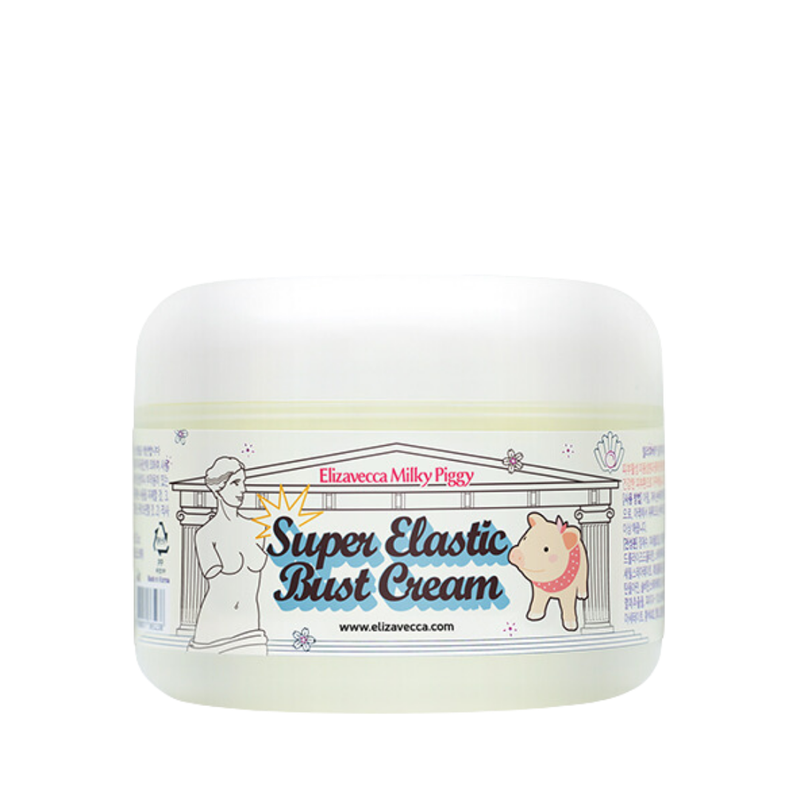 Krukke med Elizavecca Milky Piggy Super Elastic Bust Cream, dekoreret med en tegnet gris.