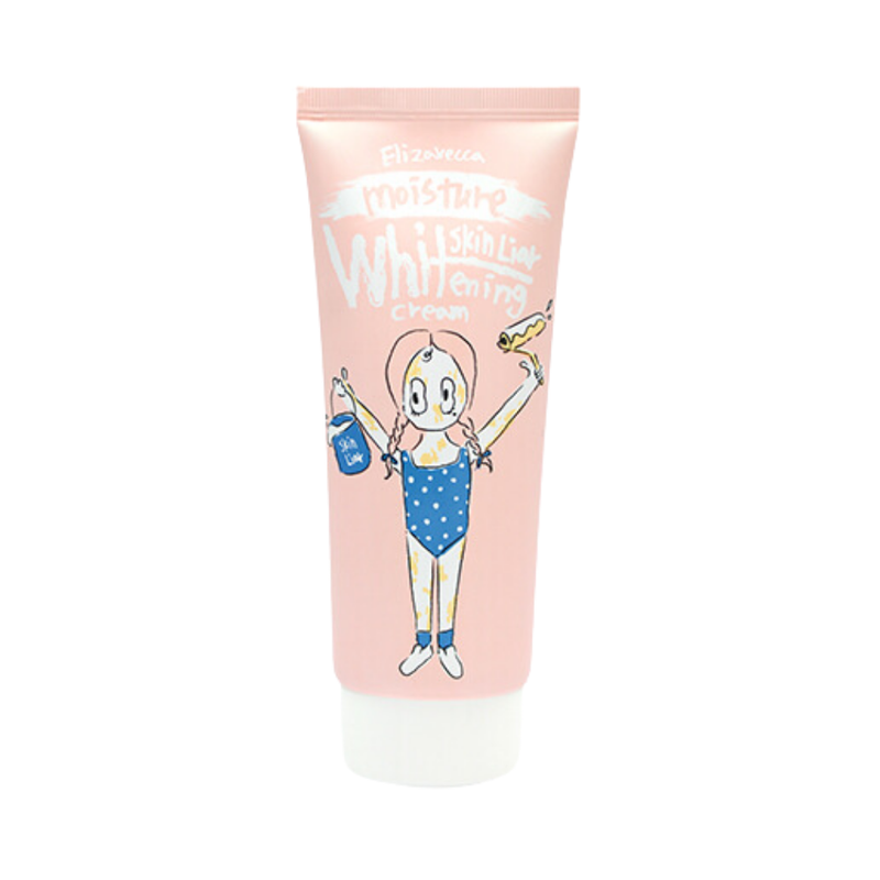 Pink tube med tegnet figur, der holder malerrulle og spand. Tekst: "Elizavecca Skin Liar cream".