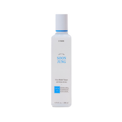 Klar flaske med hvidt låg og label. Tekst: Etude Soon Jung Cica Relief Toner, 200 ml.