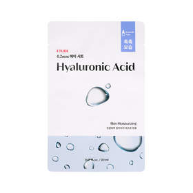 Hvid og blå maskeemballage med teksten "Hyaluronic Acid" og vanddråber.