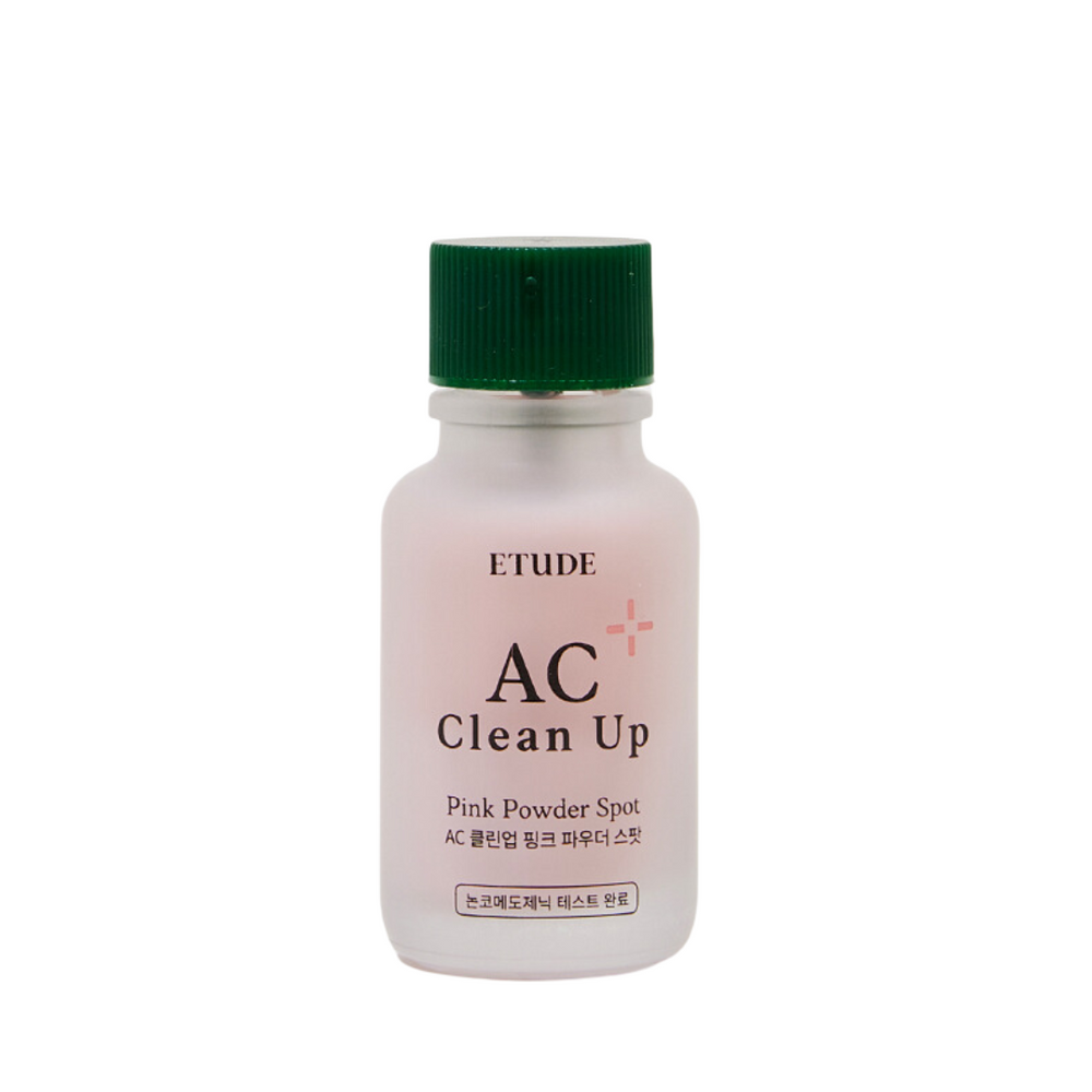 Flaske med grøn hætte og lyserød etiket, mærket "Etude AC Clean Up Pink Powder Spot".