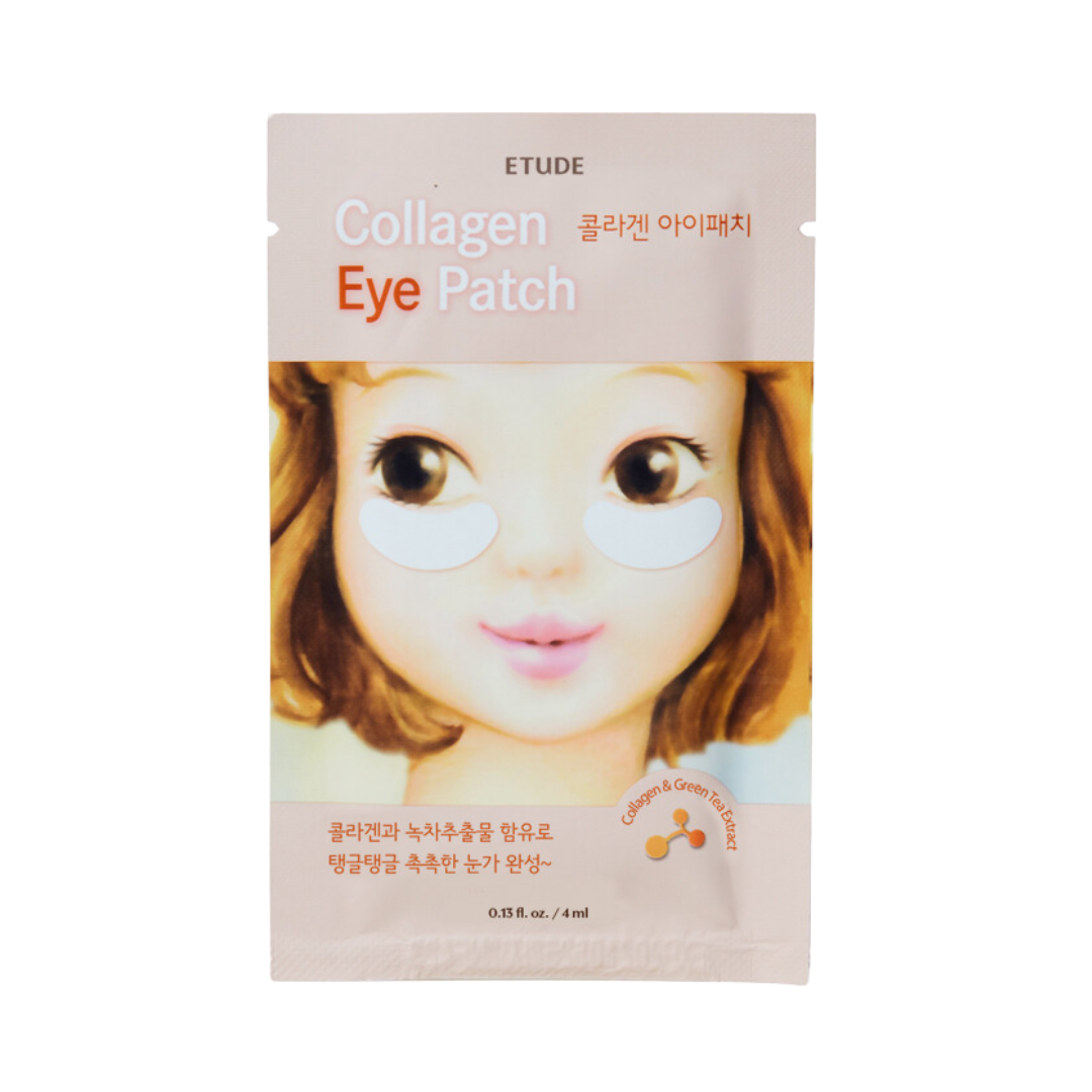 Tegneseriefigur med øjenmasker på beige pakke. Tekst: "Collagen Eye Patch".