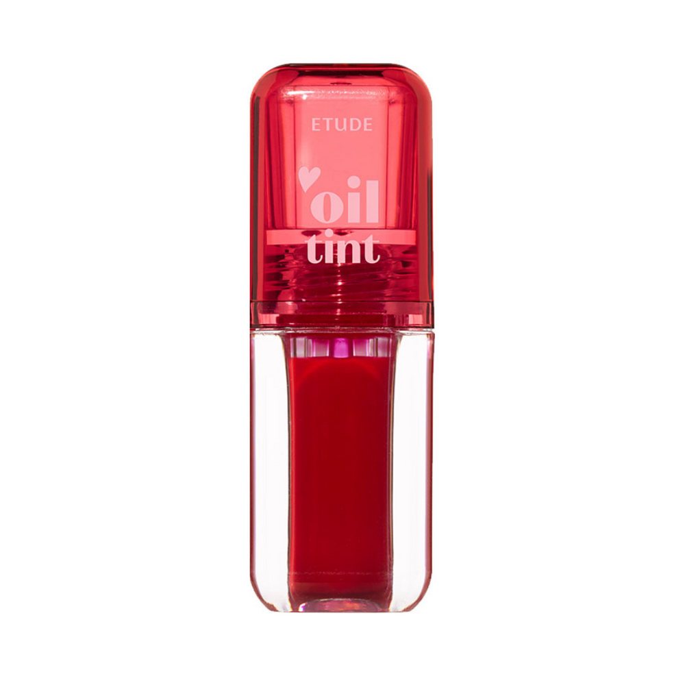 Klar beholder med rød olie tint, rød låg med "ETUDE oil tint" tekst.