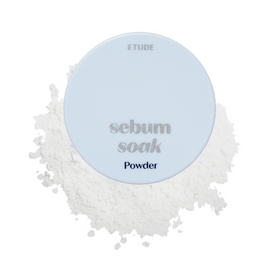 Rund, lyseblå beholder med "Etude Sebum Soak Powder" på hvidt pulverbaggrund.