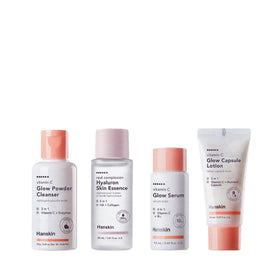 Fire Hanskin produkter: Cleanser, Essence, Serum og Lotion, alle med vitamin C.