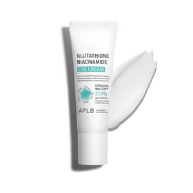 Hvid tube med tekst "Glutathione Niacinamide Eye Cream" og en creme smurt ved siden af.