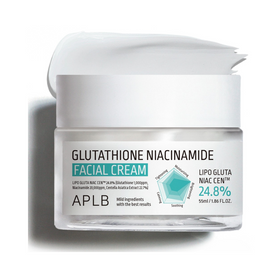 Hvid krukke med APLB Glutathione Niacinamide Facial Cream, 55ml, ingredienser og egenskaber nævnt.