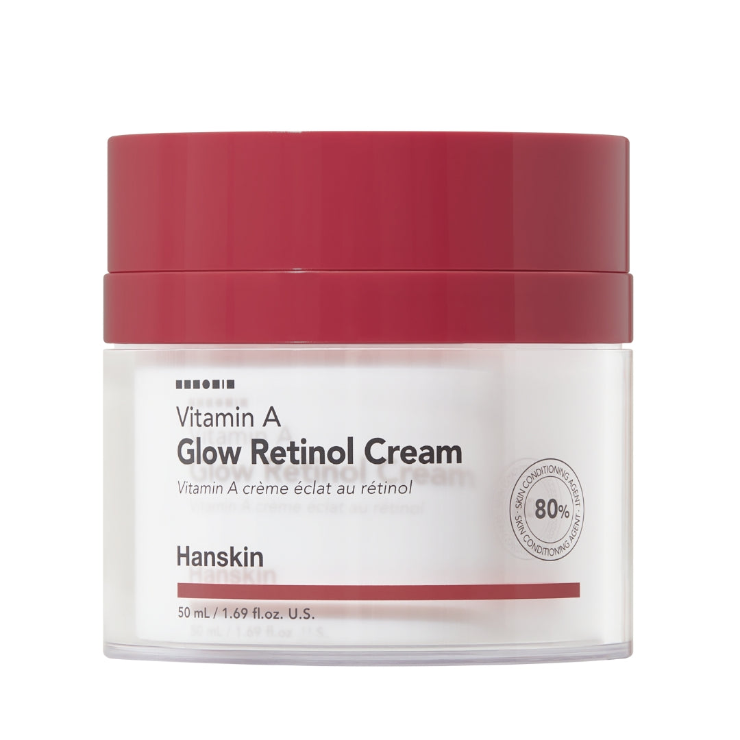 Krukke med rød låg, Hanskin Vitamin A Glow Retinol Cream, sort tekst på hvid baggrund.