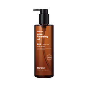 Brun flaske med pumpe, Hanskin Pore Cleansing Oil BHA til fedtet hud, 300 mL.