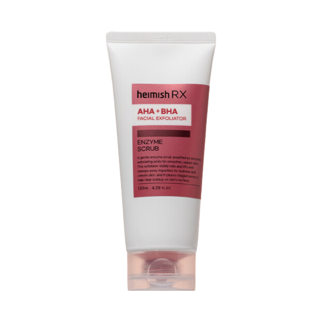 Heimish RX AHA BHA Enzyme Scrub i en hvid tube med lyserødt mærkat og sort tekst.