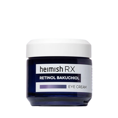 Mørkeblå krukke med hvidt låg, mærket "heimish RX Retinol Bakuchiol Eye Cream".