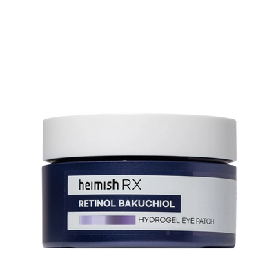 Mørkeblå krukke med hvidt låg og etiket: "Heimish RX Retinol Bakuchiol Hydrogel Eye Patch".