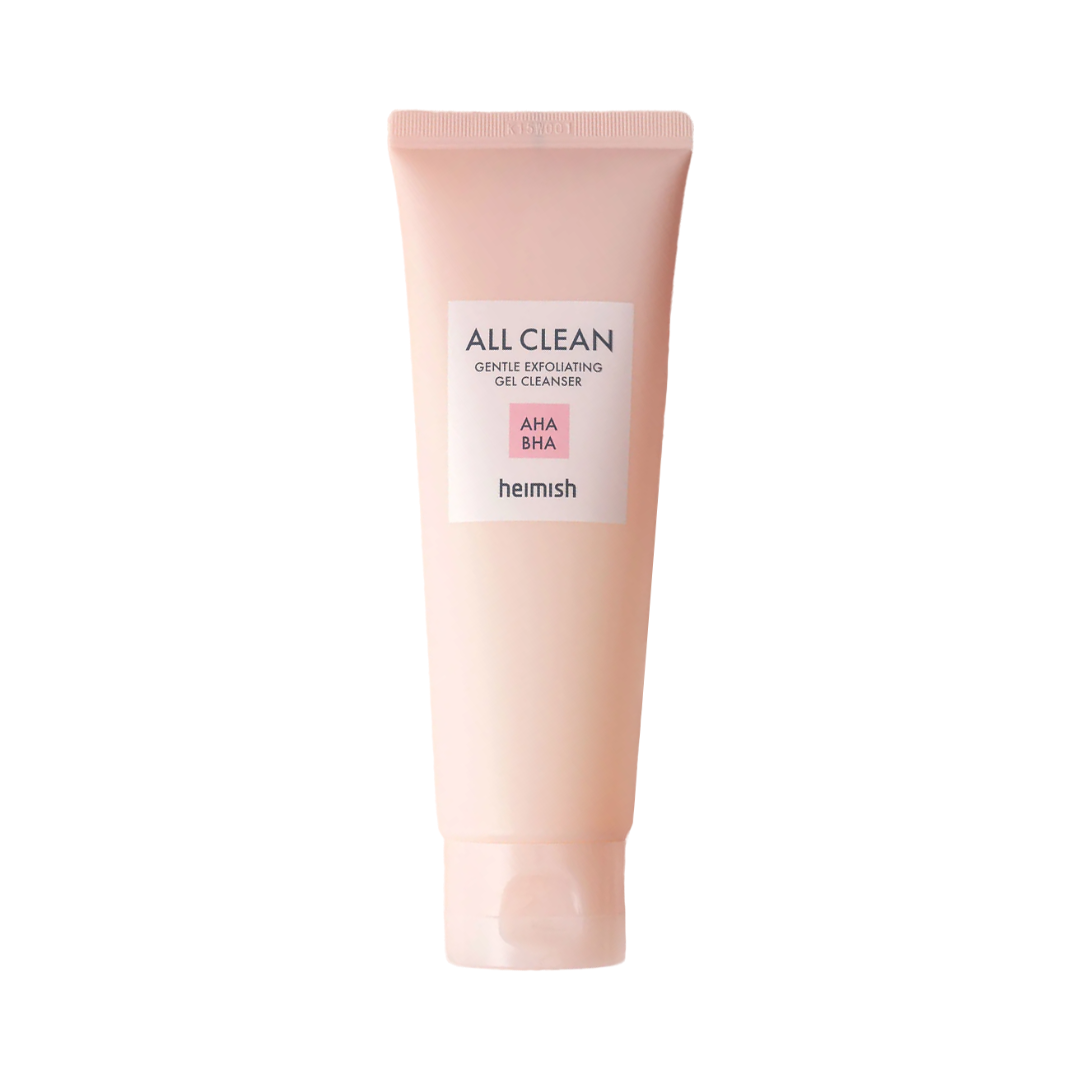 Lyserød tube med tekst: "All Clean Gentle Exfoliating Gel Cleanser" og "AHA BHA" fra Heimish.