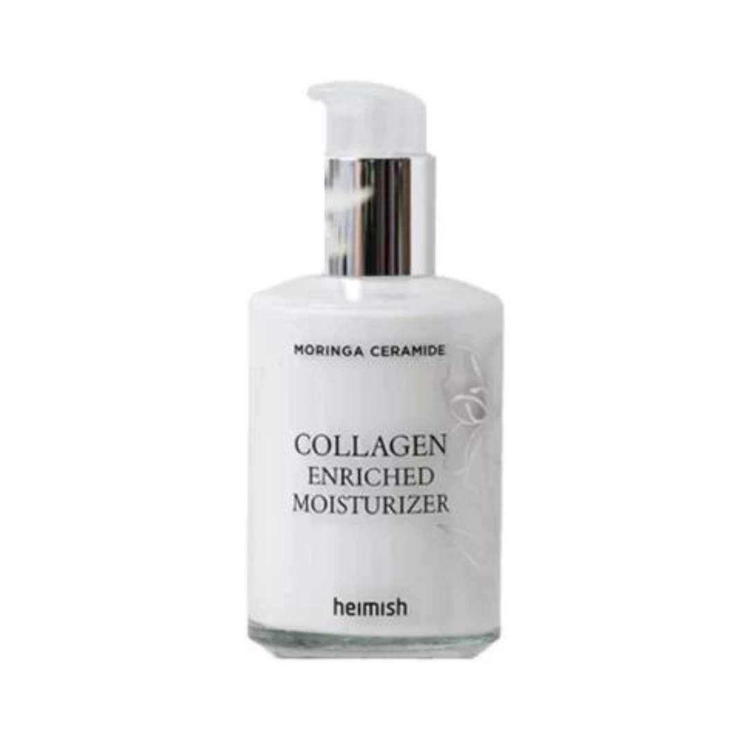 Hvid pumpeflaske med teksten "Moringa Ceramide Collagen Enriched Moisturizer" og "heimish".