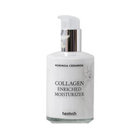 Hvid pumpeflaske med teksten "Moringa Ceramide Collagen Enriched Moisturizer" og "heimish".