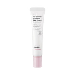 Hvid tube med lyserød hætte. Tekst: "Hanskin Real Complexion Hyaluron Eye Serum."