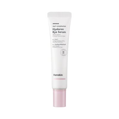 Hvid tube med lyserød hætte. Tekst: "Hanskin Real Complexion Hyaluron Eye Serum."