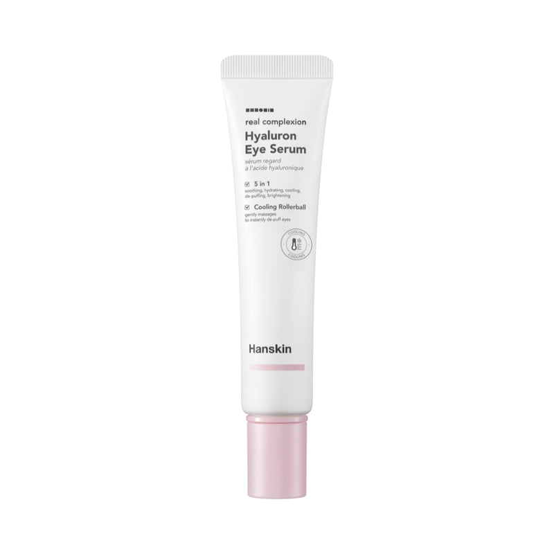 Hvid tube med lyserød hætte. Tekst: "Hanskin Real Complexion Hyaluron Eye Serum."