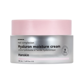 Sølvkrukke med lyserødt låg, Hanskin Hyaluron Moisture Cream, 50 ml, 95% fugtighedsbestanddel.