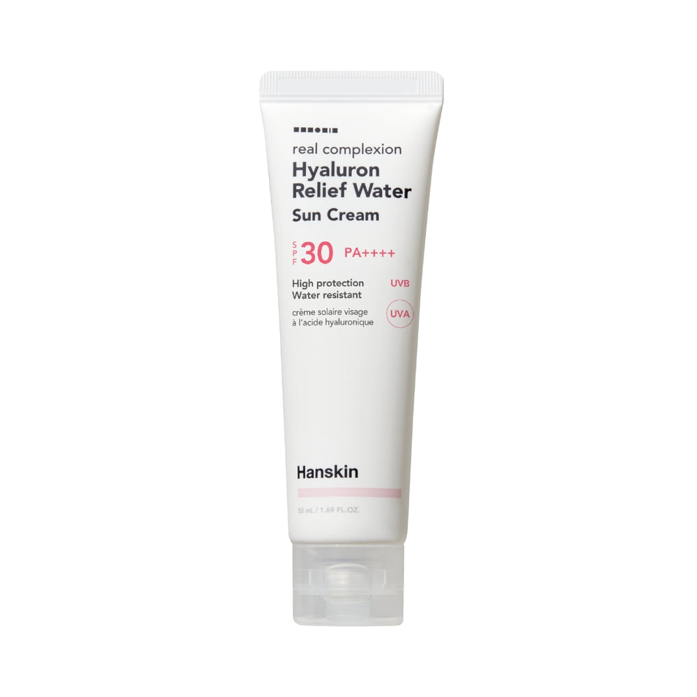 Hvid tube med Hanskin Hyaluron Relief Water Sun Cream SPF30+ PA++++, 50 ml.