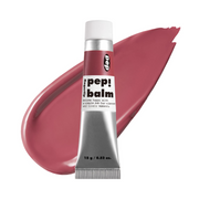 Tuben af I'M MEME Pep! Balm i rosa-rød farve, med farvestribe bagved.