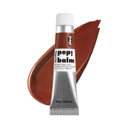 Sølv tube med brun etiket og hvid hætte, brun farve smurt bagved. Tekst: "pep! balm".