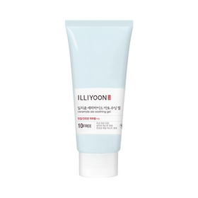 Lyseblå tube med "ILLIYOON" og "Ceramide Ato Soothing Gel" tekst på etiketten.