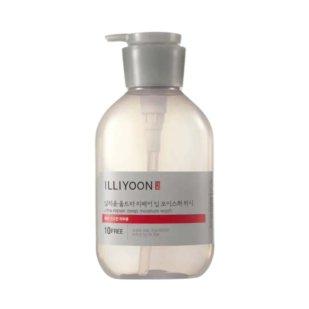 Klar pumpeflaske med gråt mærkat, Illiyoon Ultra Repair Deep Moisture Wash, tekst på koreansk og engelsk.