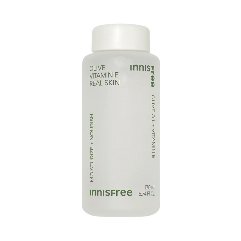 Flaske med Innisfree Olive Vitamin E Real Skin, 170 ml, med grøn tekst på hvid baggrund.