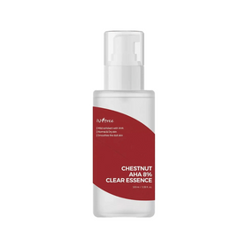 Klar flaske med pumpe, rød etiket. Isntree Chestnut AHA 8% Clear Essence, mild exfoliant.