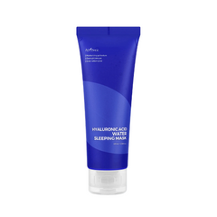 Blå tube med tekst "Hyaluronic Acid Water Sleeping Mask", indeholder fugtgivende natmaske.