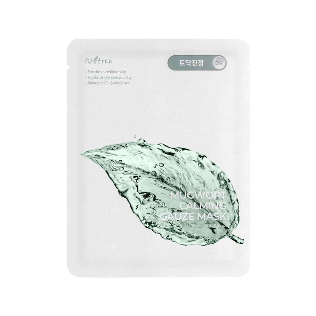 Pakke med grønt blad og vandstænk. Tekst: "Mugwort Calming Gauze Mask" og hudplejefordele.