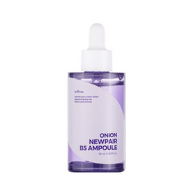 Lilla flaske med hvid pipette, mærket "Onion Newpair B5 Ampoule" fra Isntree, 50 ml.