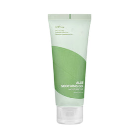 Lysgrøn tube med Isntree Aloe Soothing Gel, bladmotiv og produktbeskrivelse på forsiden.