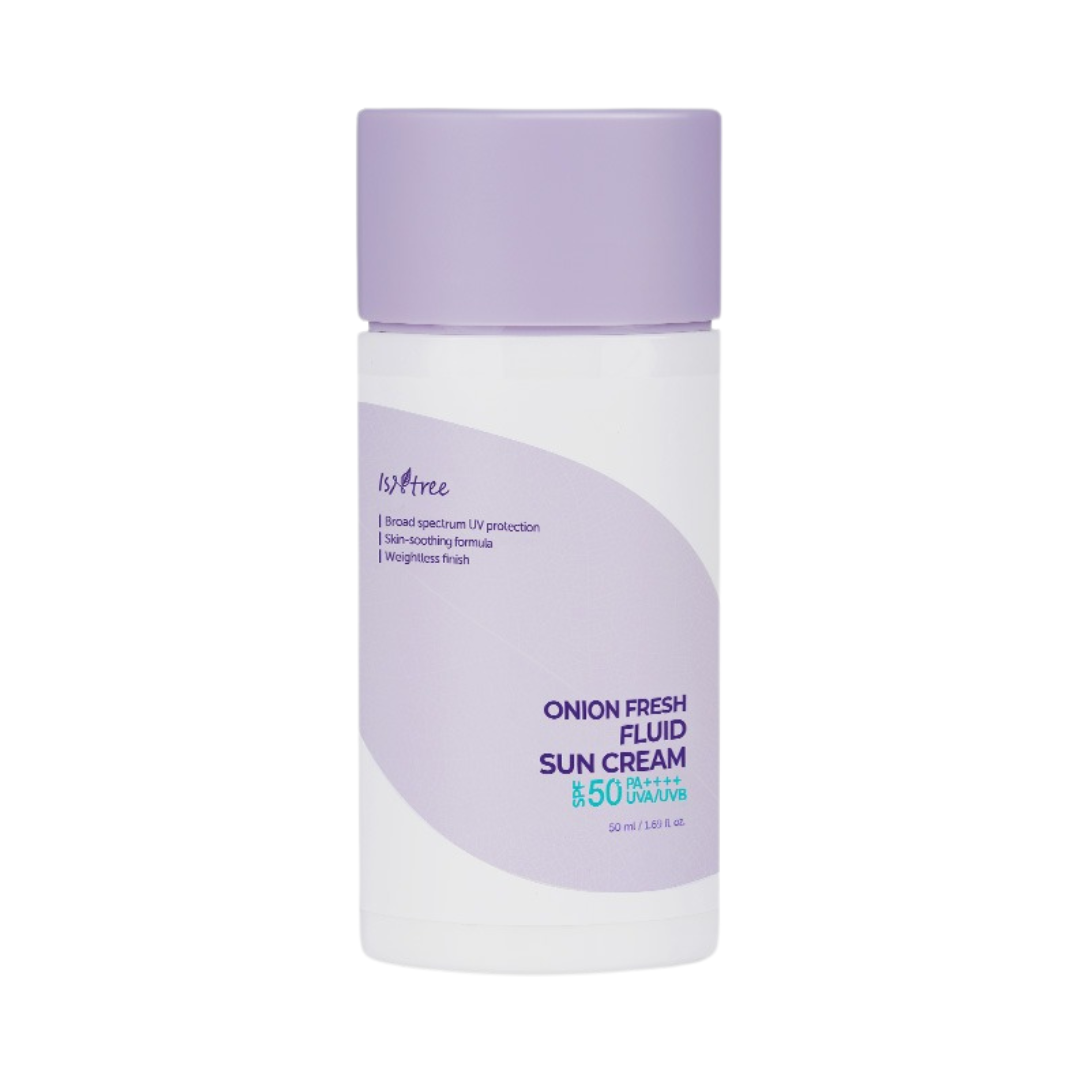 Solcreme i cylinderformet beholder med lilla låg og etiket. Mærke og SPF50+ PA++++ vises.